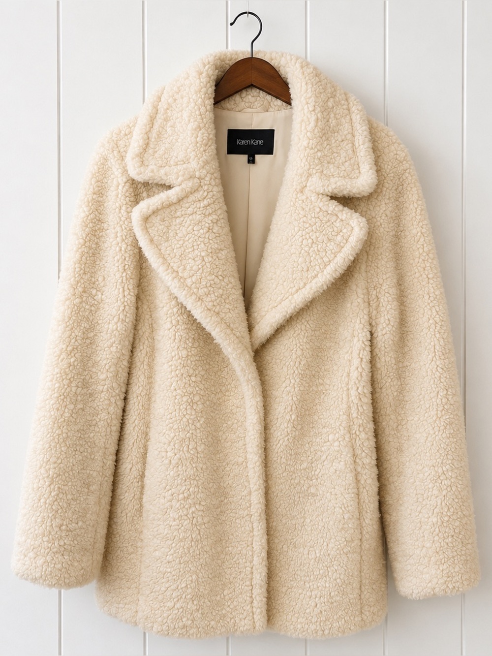 Karen Kane Teddy Coat Ivory Cream Shearling Sherpa Wool Blend USA Womens Large